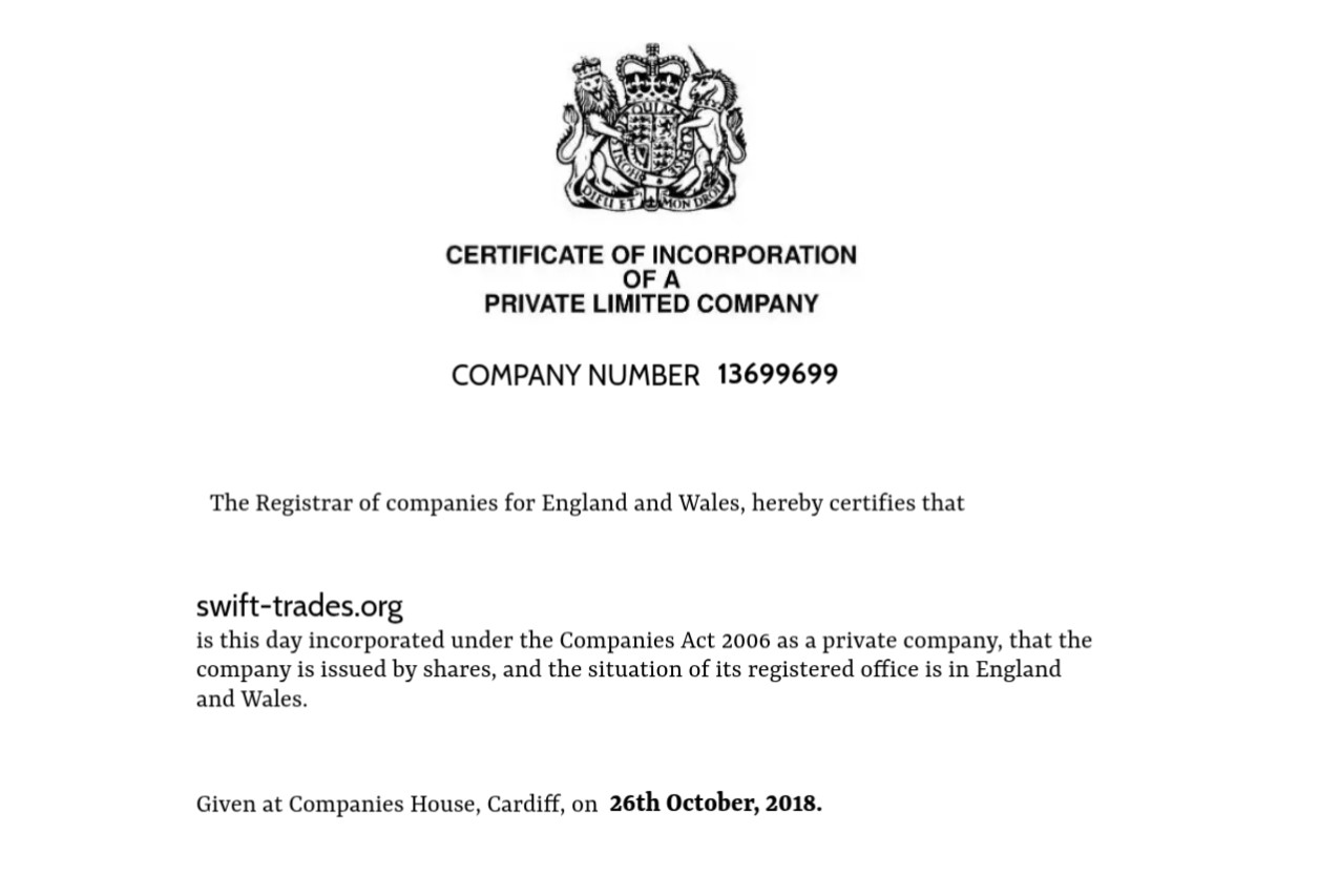 Certificate of Incorporation - Swift Trades